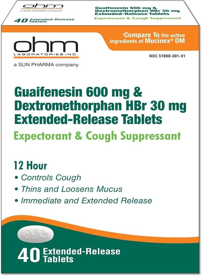 Ohm Guaifenesin 600 mg Extended Release Tablets, Dextromethorphan HBr 30 mg - Expectorant & Cough Suppressant, Loosens Mucus, Controls Cough for Immediate and Extended Relief (2 Pack, 80, Count)